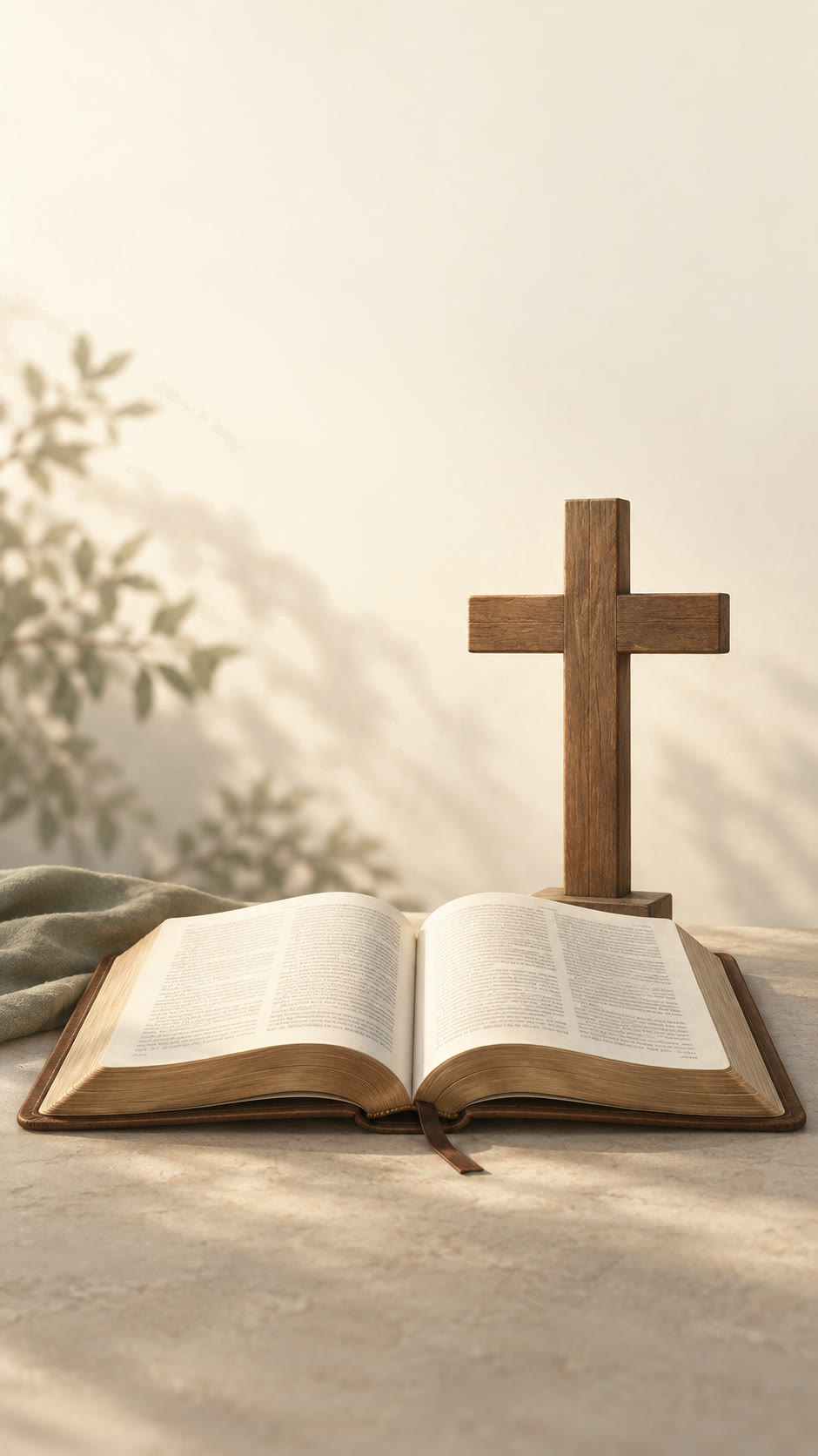 A quiet scene for reflection with a Bible and a cross